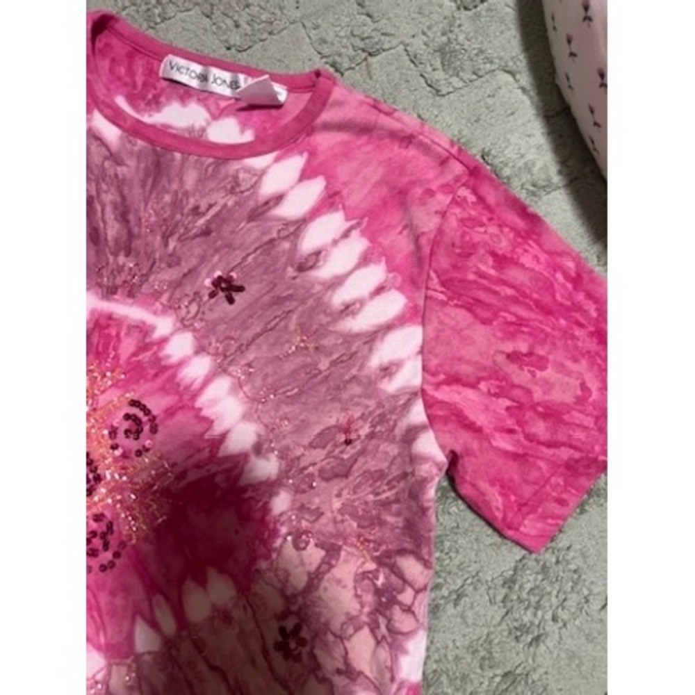 Y2K Victoria Jones Pink Tie Dye Sequin Beaded T-Shirt Women Medium Boho Sunburst